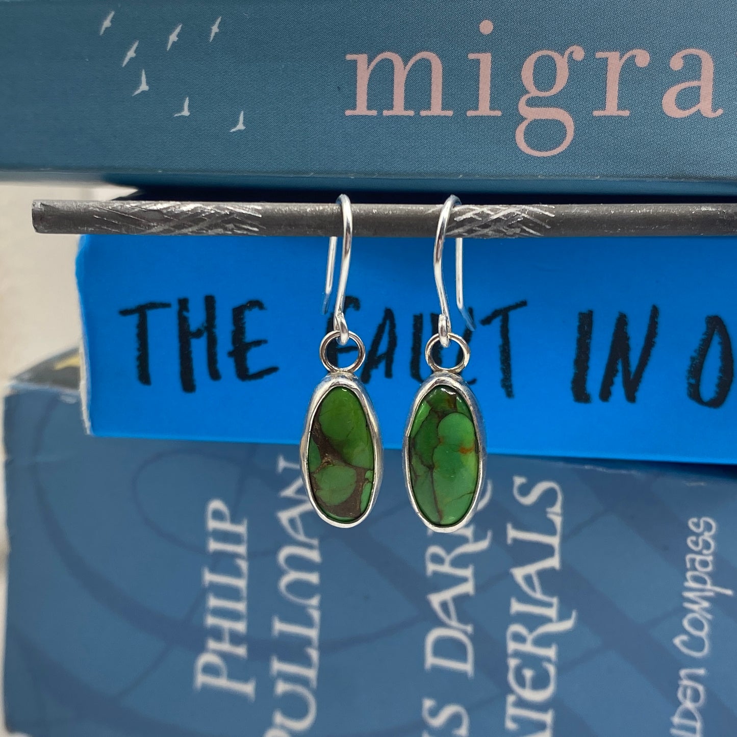 Green Mojave Turquoise and Sterling Silver Dangle Earrings