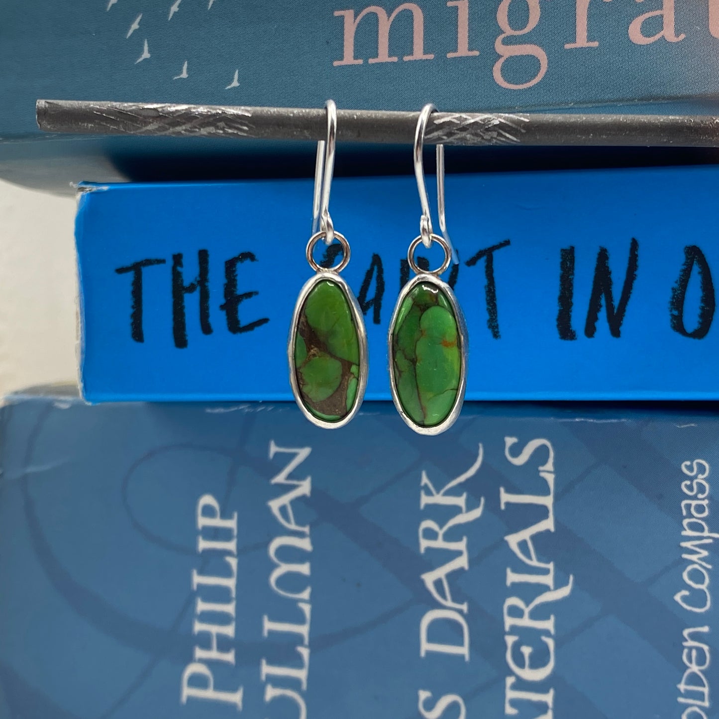 Green Mojave Turquoise and Sterling Silver Dangle Earrings